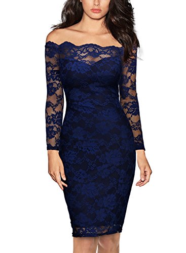 MIUSOL Damen Schulterfrei Spitze Cocktailkleid Etuikleid langarm Stretch Kleid Blau Gr.L