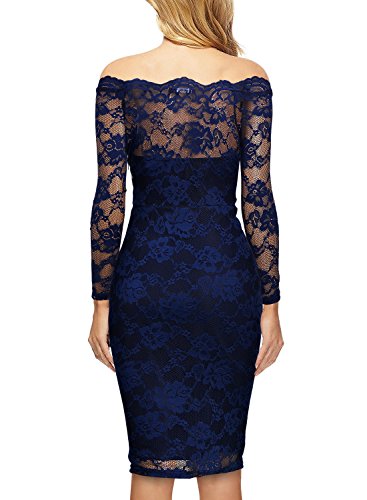 MIUSOL Damen Schulterfrei Spitze Cocktailkleid Etuikleid langarm Stretch Kleid Blau Gr.L - 2