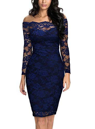 MIUSOL Damen Schulterfrei Spitze Cocktailkleid Etuikleid langarm Stretch Kleid Blau Gr.L - 4