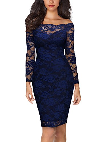 MIUSOL Damen Schulterfrei Spitze Cocktailkleid Etuikleid langarm Stretch Kleid Blau Gr.L - 6