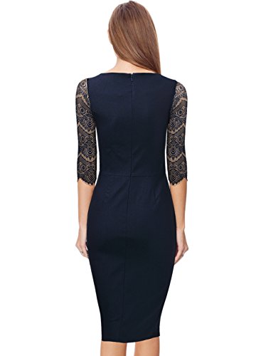 MIUSOL Damen 1/2 Arm Knielang Kleid Spitzen Cocktail Etuikleid Abendkleid Navy Blau Gr.XL - 