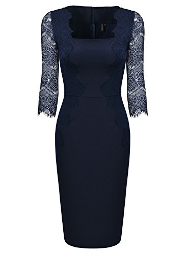 MIUSOL Damen 1/2 Arm Knielang Kleid Spitzen Cocktail Etuikleid Abendkleid Navy Blau Gr.XL - 3