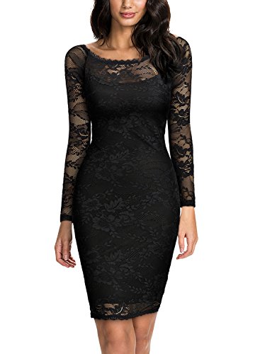 MIUSOL Damen Spitzenkleid Elegant Cocktail U-Ausschnitt Langarm Mini Party Abendkleid Schwarz M