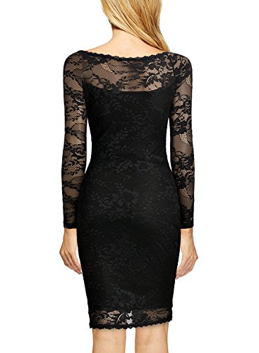 MIUSOL Damen Spitzenkleid Elegant Cocktail U-Ausschnitt Langarm Mini Party Abendkleid Schwarz M - 