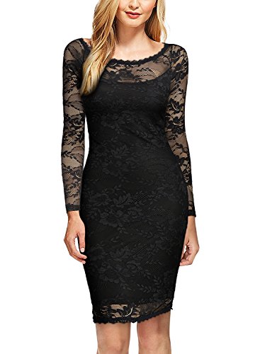 MIUSOL Damen Spitzenkleid Elegant Cocktail U-Ausschnitt Langarm Mini Party Abendkleid Schwarz M - 2