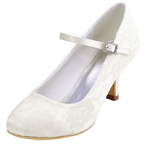 Elegantpark EP1085 Mary Jane Runde Geschlossene Zehen Lace Satin Schnalle Pumps Damen Hochzeit Brautschuhe Ivory Gr.38