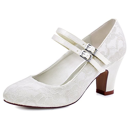 ElegantPark HC1701 Mary Jane Block Absatz Pumps Geschlossene Zehen Lace Satin Brautschuhe Ivory Gr.40