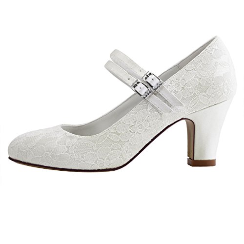 ElegantPark HC1701 Mary Jane Block Absatz Pumps Geschlossene Zehen Lace Satin Brautschuhe Ivory Gr.40 - 2