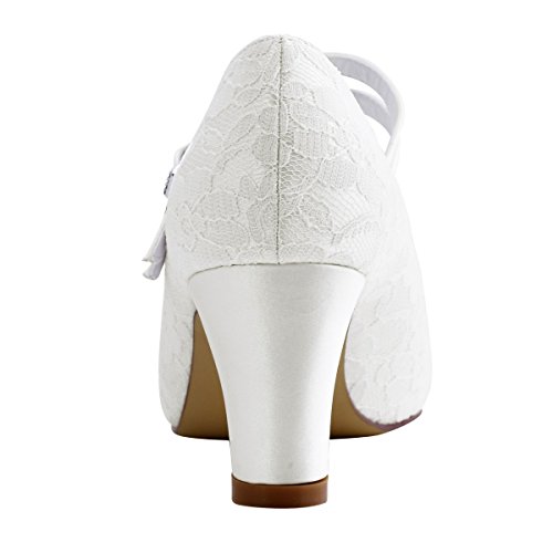 ElegantPark HC1701 Mary Jane Block Absatz Pumps Geschlossene Zehen Lace Satin Brautschuhe Ivory Gr.40 - 6