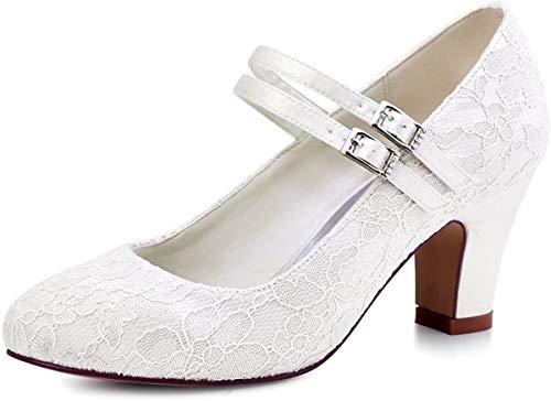 ElegantPark HC1708 Pumps Mary Jane Block Absatz Geschlossene Zehen Lace Satin Brautschuhe Ivory Gr.40