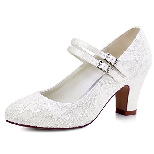 ElegantPark HC1708 Pumps Mary Jane Block Absatz Geschlossene Zehen Lace Satin Brautschuhe Ivory Gr.40 - 2
