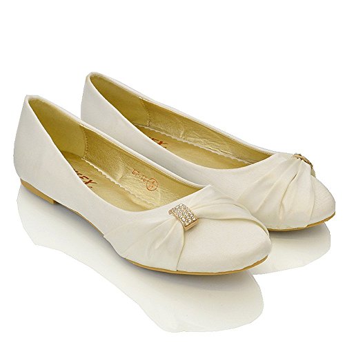 ESSEX GLAM Damen Brautschuhe Flach Satin mit Brosche - 2