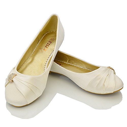 ESSEX GLAM Damen Brautschuhe Flach Satin mit Brosche - 4