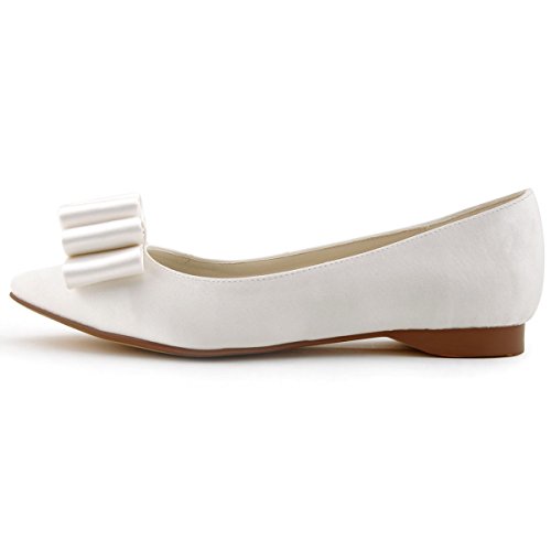 Elegantpark FC1406 Ivory Satin Neu Spitze Zehen Schleife Flache Brautschuhe Gr.39 - 2