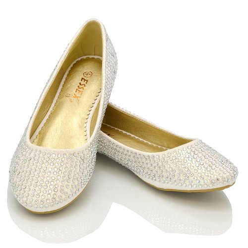 Damen Ballerinas Brautschuhe Diamant Glitzer Flache Pumps Verschiedene Größen - Sythetik, Weiß Glitzer, 6 UK - 3