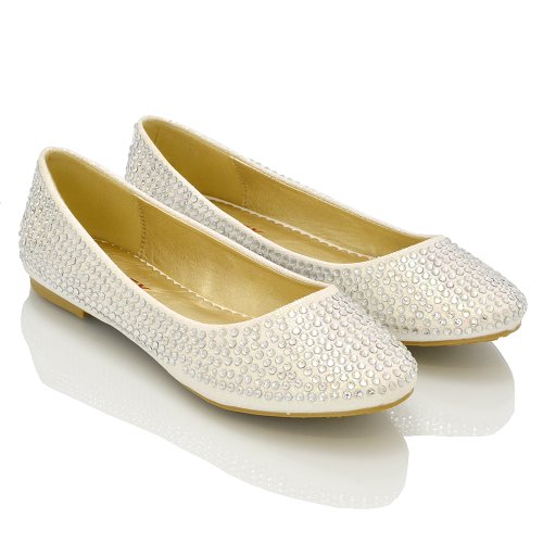 Damen Ballerinas Brautschuhe Diamant Glitzer Flache Pumps Verschiedene Größen - Sythetik, Weiß Glitzer, 6 UK - 4