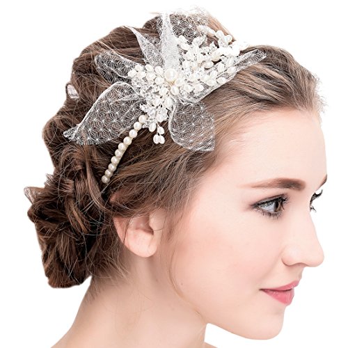 Vintage Elfenbein Tüll Bridal Tiara Strass Perlen Haarreif Hochzeit Prom Haarschmuck