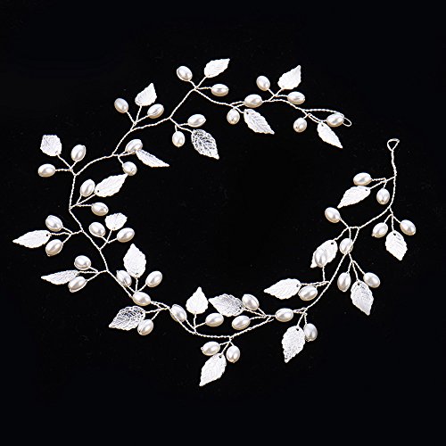 Oshide Weiß Perlengirlande Blatt Haar Accessoires, Braut Hochzeit Haarschmuck Brautschmuck(Silber) - 5