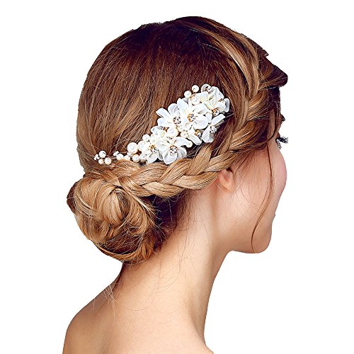 Tüll Blume Sicke Simulierte Perlen Braut Haarkämme Hochzeit Haarschmuck für Brauthochzeits Abschlussball Partei - Weiß