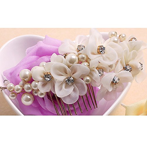 Tüll Blume Sicke Simulierte Perlen Braut Haarkämme Hochzeit Haarschmuck für Brauthochzeits Abschlussball Partei – Weiß - 2
