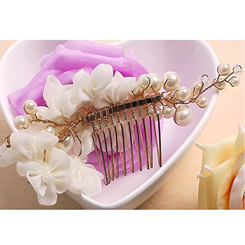 Tüll Blume Sicke Simulierte Perlen Braut Haarkämme Hochzeit Haarschmuck für Brauthochzeits Abschlussball Partei – Weiß - 3