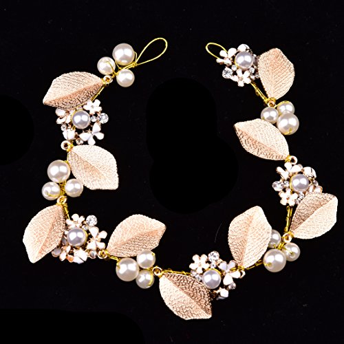 Oshide Haarschmuck Hochzeit Vintage Gold Perlen Haarband Mit Blatt Ohrring Schmuck Set - 3