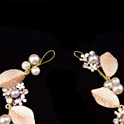 Oshide Haarschmuck Hochzeit Vintage Gold Perlen Haarband Mit Blatt Ohrring Schmuck Set - 3