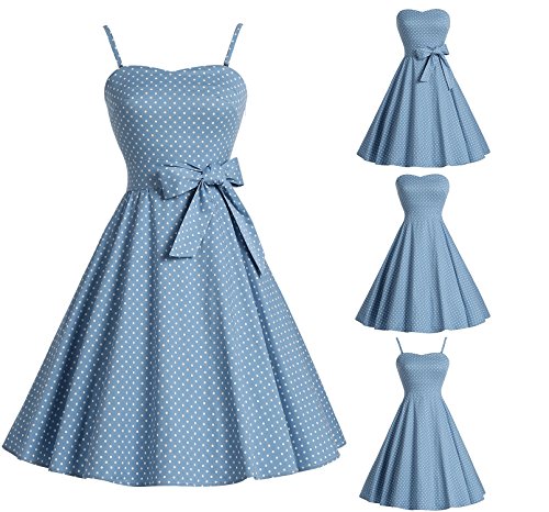 Bbonlinedress Vintage 50s 60s Retro Rockabilly Cocktailkleid mit abnehmbarem Schultergurt RoyalBlue White Dot XL - 2