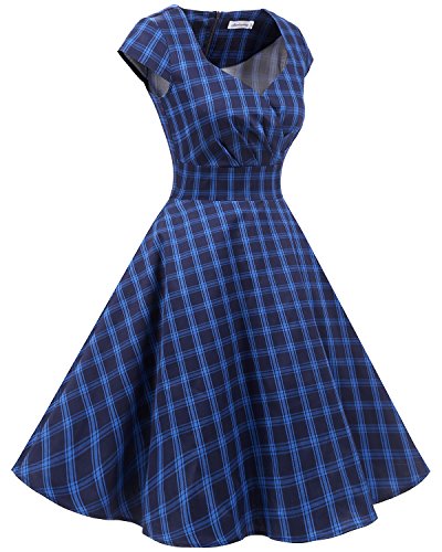 Bbonlinedress 1950er Vintage Retro Cocktailkleid Rockabilly V-Ausschnitt Faltenrock Navy Plaid S - 2