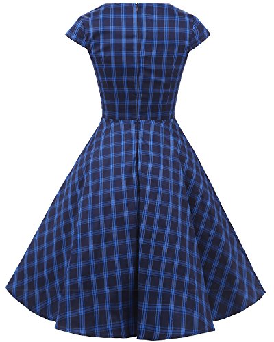 Bbonlinedress 1950er Vintage Retro Cocktailkleid Rockabilly V-Ausschnitt Faltenrock Navy Plaid S - 3