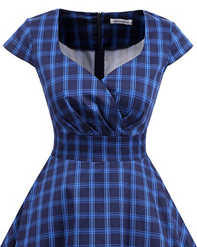 Bbonlinedress 1950er Vintage Retro Cocktailkleid Rockabilly V-Ausschnitt Faltenrock Navy Plaid S - 4