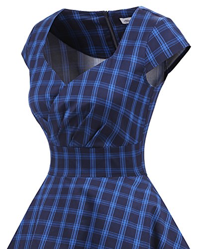 Bbonlinedress 1950er Vintage Retro Cocktailkleid Rockabilly V-Ausschnitt Faltenrock Navy Plaid S - 5