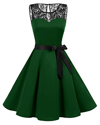 Bbonlinedress 1950er Ärmellos Vintage Retro Spitzenkleid Rundhals Abendkleid Dark Green 4XL