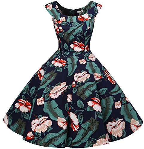 Bbonlinedress 50s Vintage Retro U-Ausschnitt Rockabilly Cocktail Party Kleider Navy Flower M