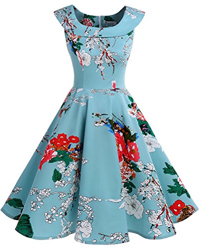 Bbonlinedress 1950er Vintage Retro U-Ausschnitt Rockabilly Cocktail Kleider Green Flower S