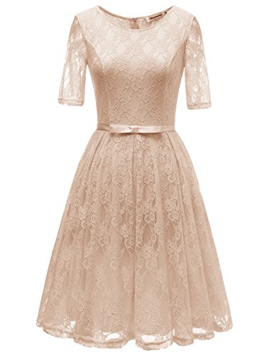 Bbonlinedress Damen Vintage 1950er Cocktailkleid Retro Schwingen Rockabilly Spitzenkleid Champagne XL