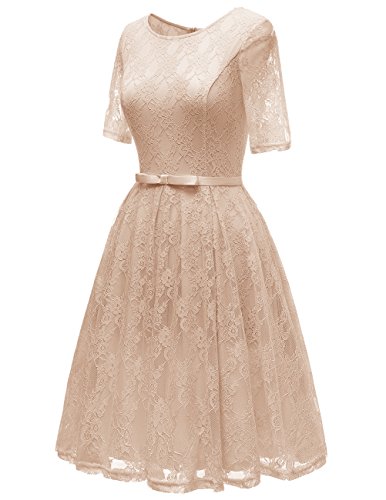 Bbonlinedress Damen Vintage 1950er Cocktailkleid Retro Schwingen Rockabilly Spitzenkleid Champagne XL - 2