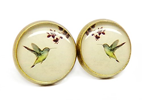 Vintage Schmuck Hypoallergen 14mm Cabochon Kolibri Ohrstecker Ohrringe für Damen Nickelfrei - 3