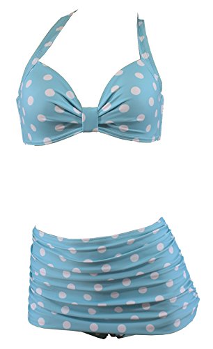 Aloha-Beachwear Polka Dots Vitage Look High Waisted Damen Neckholder Bikini A1061, gepunktet (L / 40 / UK 14, Türkis / Weiss)