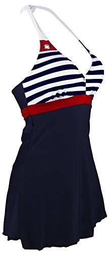 Gigileer Damen Frauen Badeanzug Bademode one Piece Marine Streifen Rock Shorts Rot XL EU 38-40 - 2