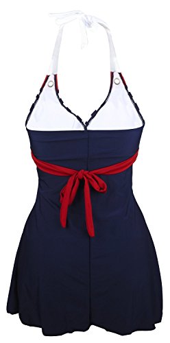 Gigileer Damen Frauen Badeanzug Bademode one Piece Marine Streifen Rock Shorts Rot XL EU 38-40 - 3