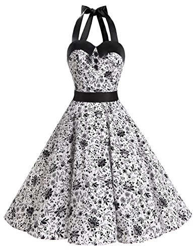 Dressystar Vintage Tupfen Retro Cocktail Abschlussball Kleider 50er 60er Rockabilly Neckholder Schädel XS