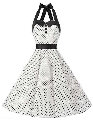 Dressystar Vintage Tupfen Retro Cocktail Abschlussball Kleider 50er 60er Rockabilly Neckholder Weiß XL