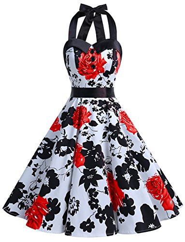 Dressystar DS1957 Vintage Tupfen Retro Cocktail Abschlussball Kleider 50er 60er Rockabilly Neckholder Rot Blume XS