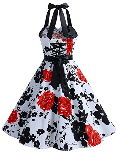 Dressystar DS1957 Vintage Tupfen Retro Cocktail Abschlussball Kleider 50er 60er Rockabilly Neckholder Rot Blume XS - 4