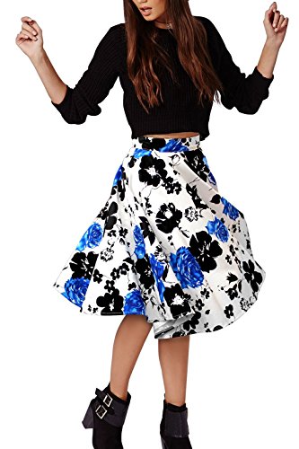 Lylafairy Damen 50er Jahre Art Rock Vintage Rockabilly Swing Faltenrock Knielang Mode Skater Röcke (42, Blau blumen)