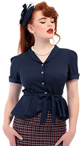 Collectif Damen Bluse Phoebe Peplum Vintage Oberteil Blau XL