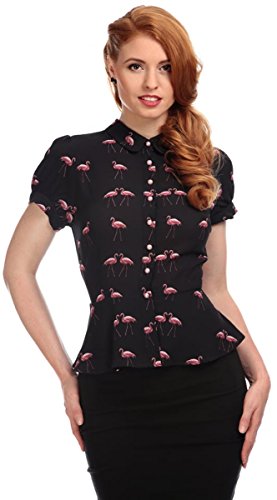 Collectif Damen Oberteil Flamingo Bluse Schwarz