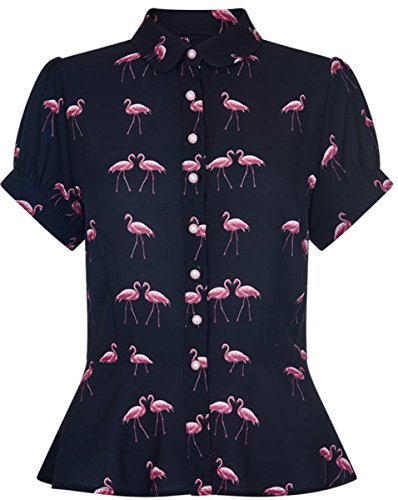 Collectif Damen Oberteil Mary Grace Flamingo Bluse Schwarz XS - 2