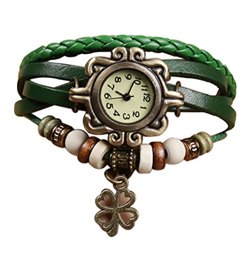 Demarkt Retro Vintage Klee Design Damen Armbanduhr Armreif Uhr Anhänger Spangenuhr Quarzuhren (Grün)